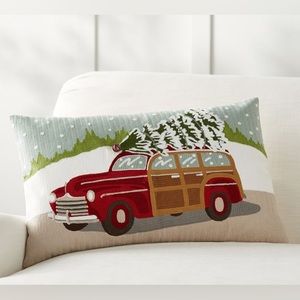 Pottery Barn Woody Car Crewel Embroidered Lumbar Pillow Cover • Christmas Tree
